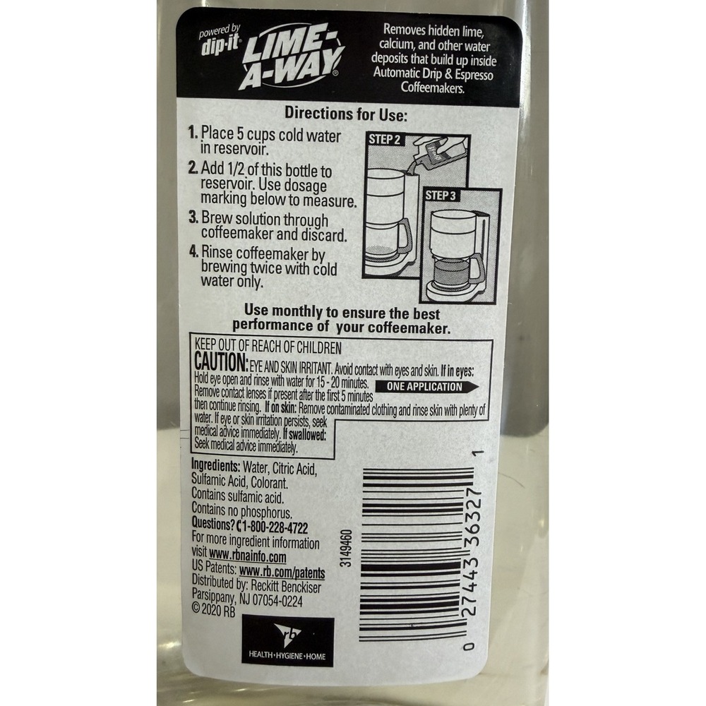 Dip-it Lime-A-Way Coffeemaker Descaler and Cleaner x3 Removes Calcium Build Up - Picture 3 of 3